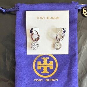 Tory Burch Silver Logo Drop Earrings